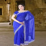 Pazaar Persian Blue Embroidered Party Saree With Zari Thread