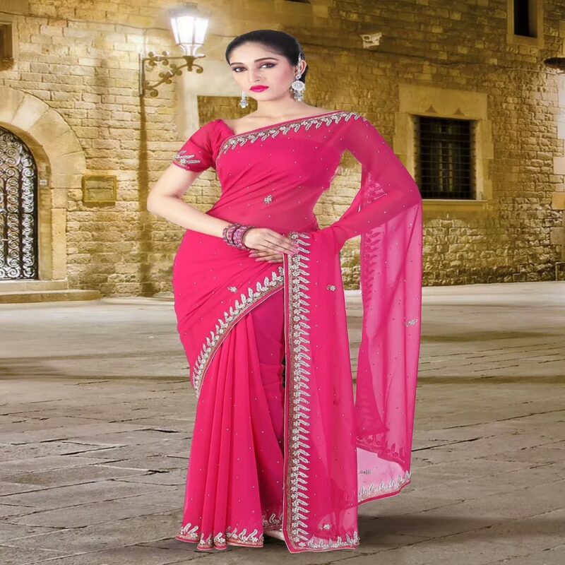 Pazaar Deep Pink Embroidered Party Saree With Zari Thread