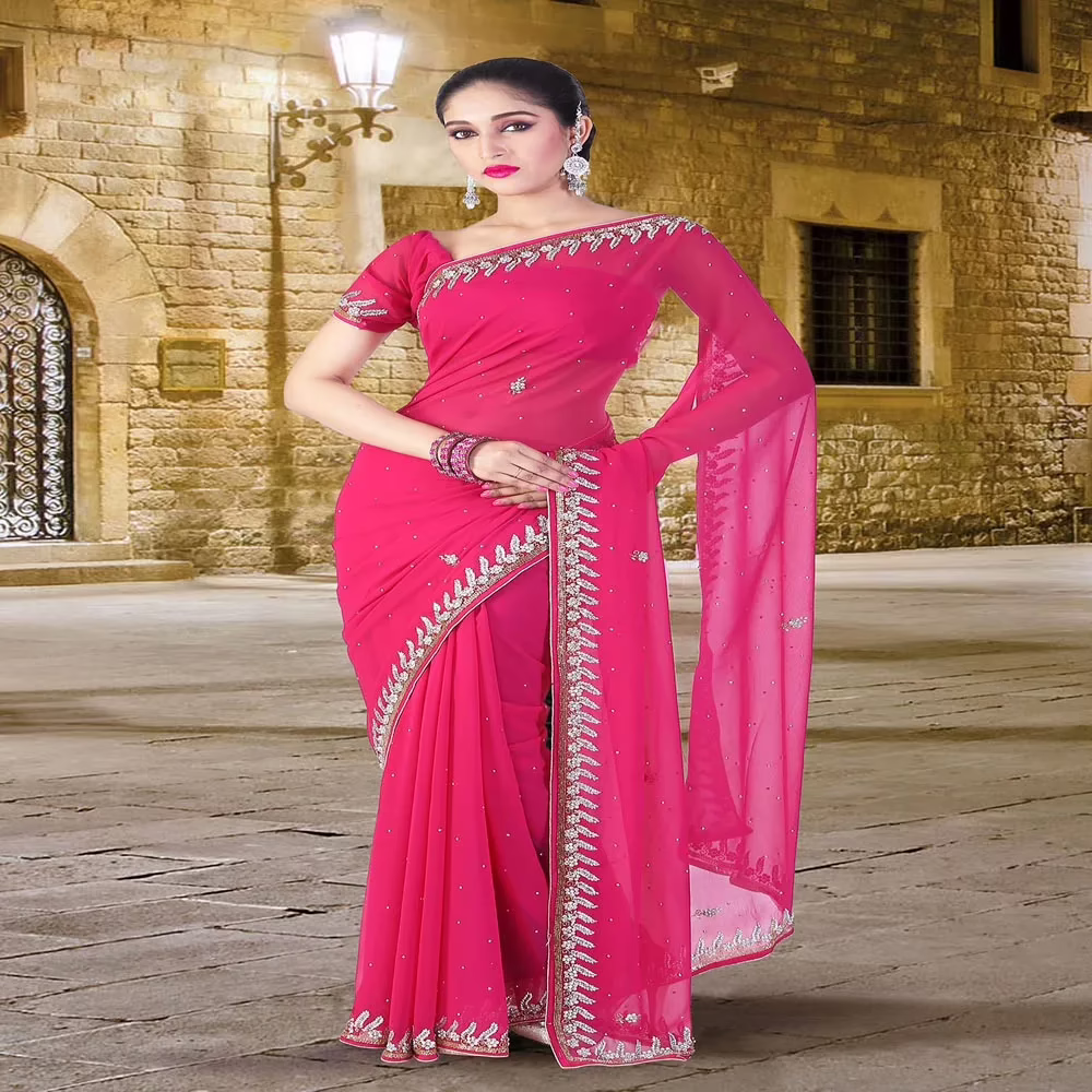Pazaar Deep Pink Embroidered Party Saree With Zari Thread