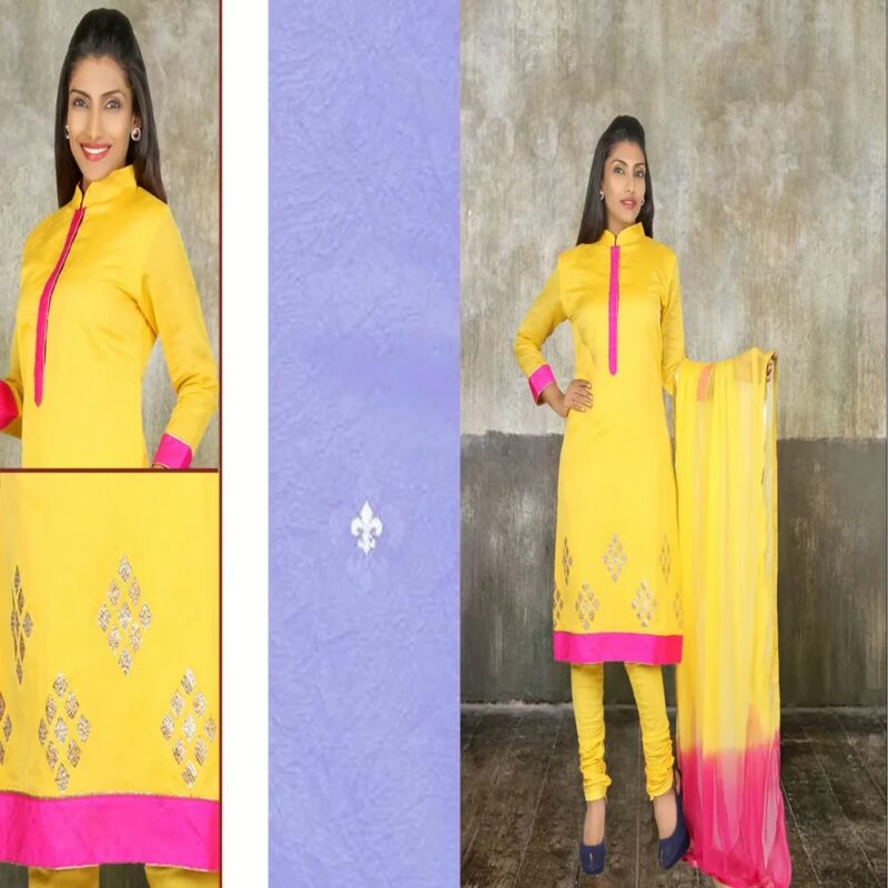 Pazaar Golden Yellow Embroidered Festival Churidar Kameez Suit Set