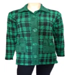 Green Check Front Pocket Buttoned Collared Acrylic Coat