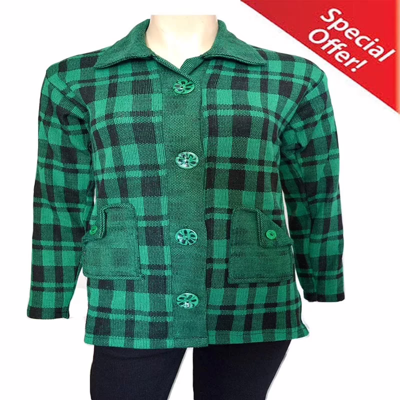 Green Check Front Pocket Buttoned Collared Acrylic Coat With Warm Legging Special Offer