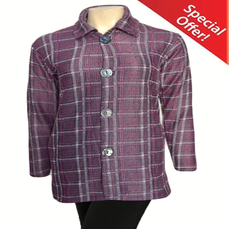Purple Front Button Collared Check  Woolen Coat With Warm Legging Special Offer