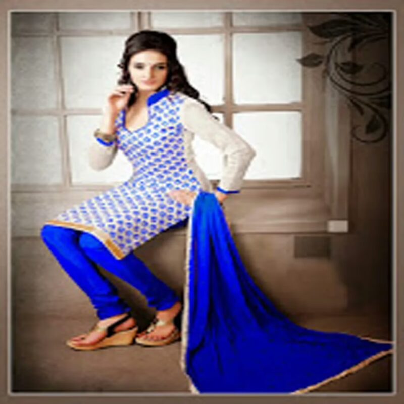 Hi Fashion White Blue Embroidered Semi Stitched Salwar Kameez
