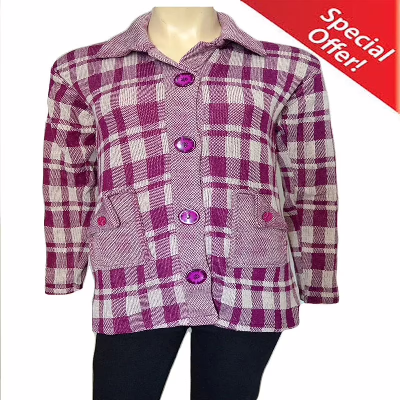 Pink Check Front Pocket Buttoned Collared Acrylic Coat With Warm Legging Special Offer
