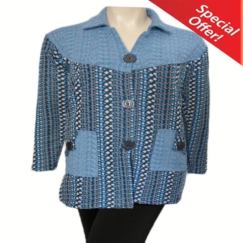 Sky Blue Vertical Print Collared Front Buttoned Woolen Coat With Warm Legging Special Offer