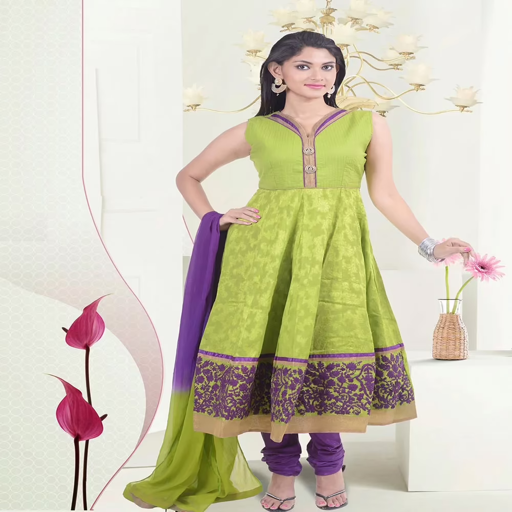 Pazaar Aksi Yellow Green & Amethyst Violet Embroidered Party Anarkali Churidar Kameez