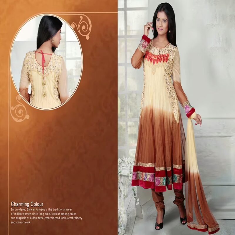 Pazaar Angel Cream Yellow & Sienna Brown  Embroidered Festival Anarkali Churidar Kameez