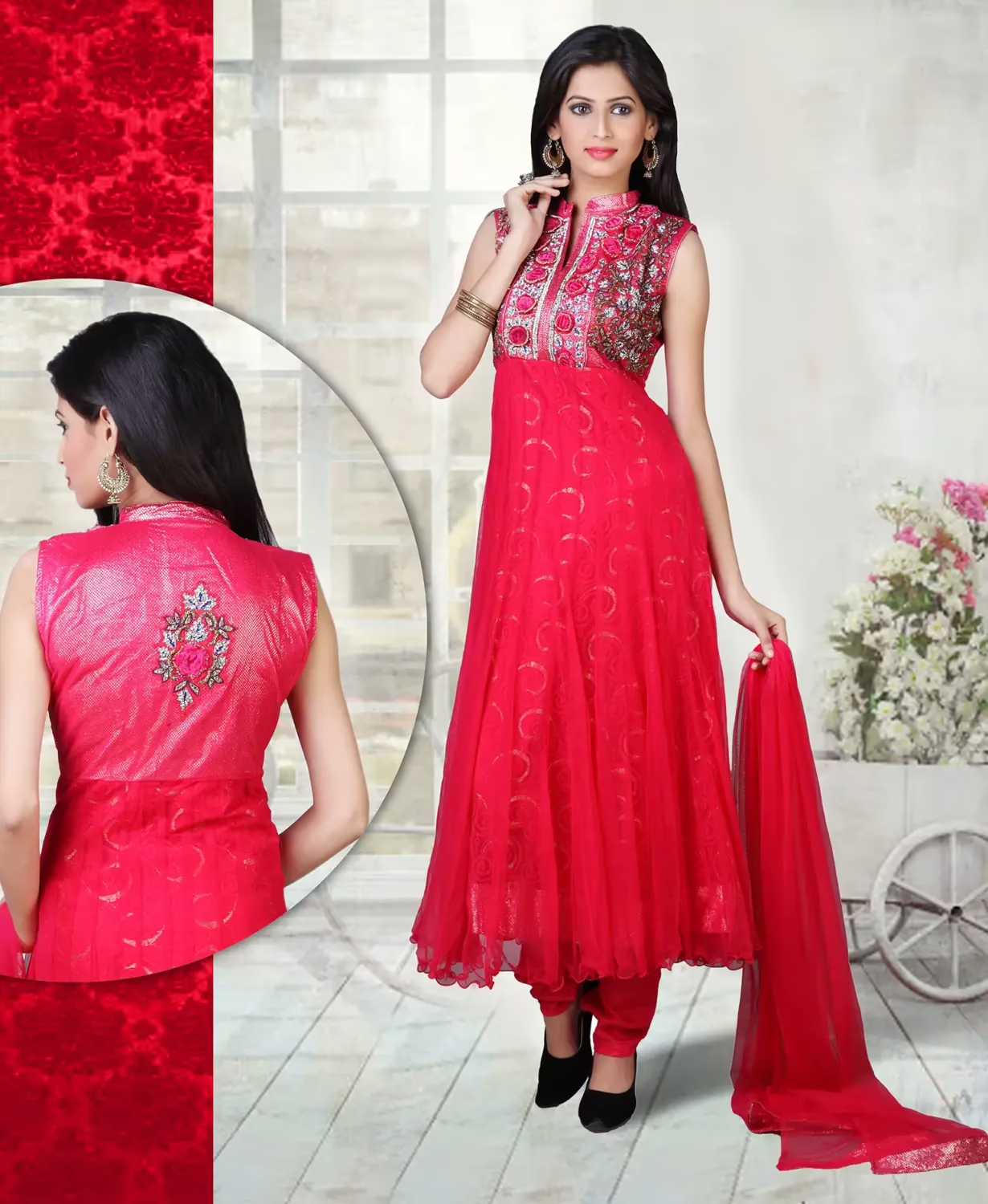 Pazaar Angel Crimson Red Embroidered Festival Anarkali Churidar Kameez