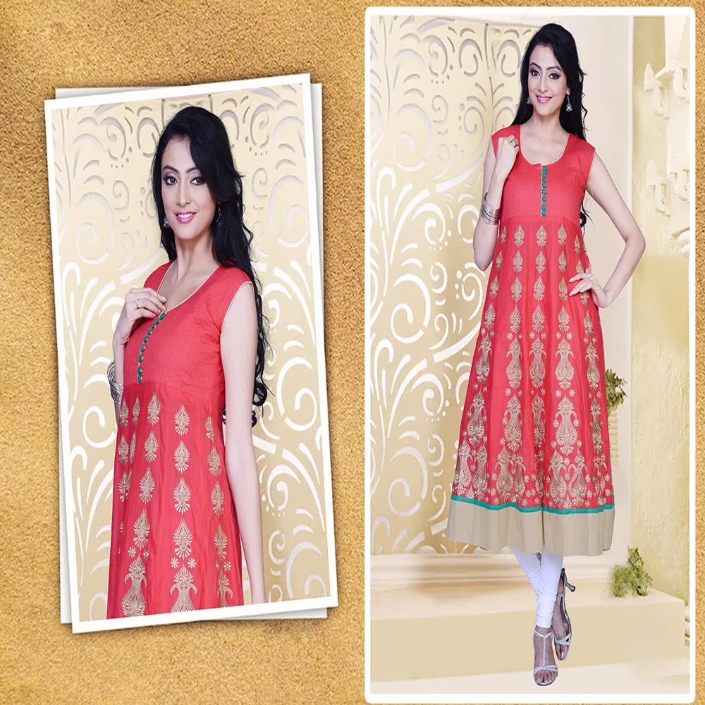 Pazaar Glorious Coral Red Embroidered Festival Kurti