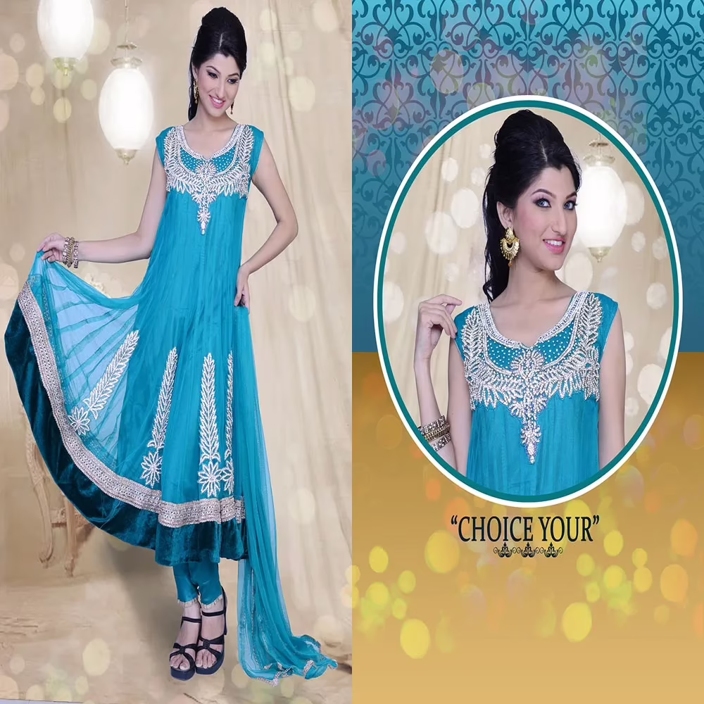 Pazaar Prakriti Anarkali Bondi Blue Embroidered Festival Kameez - Image 2