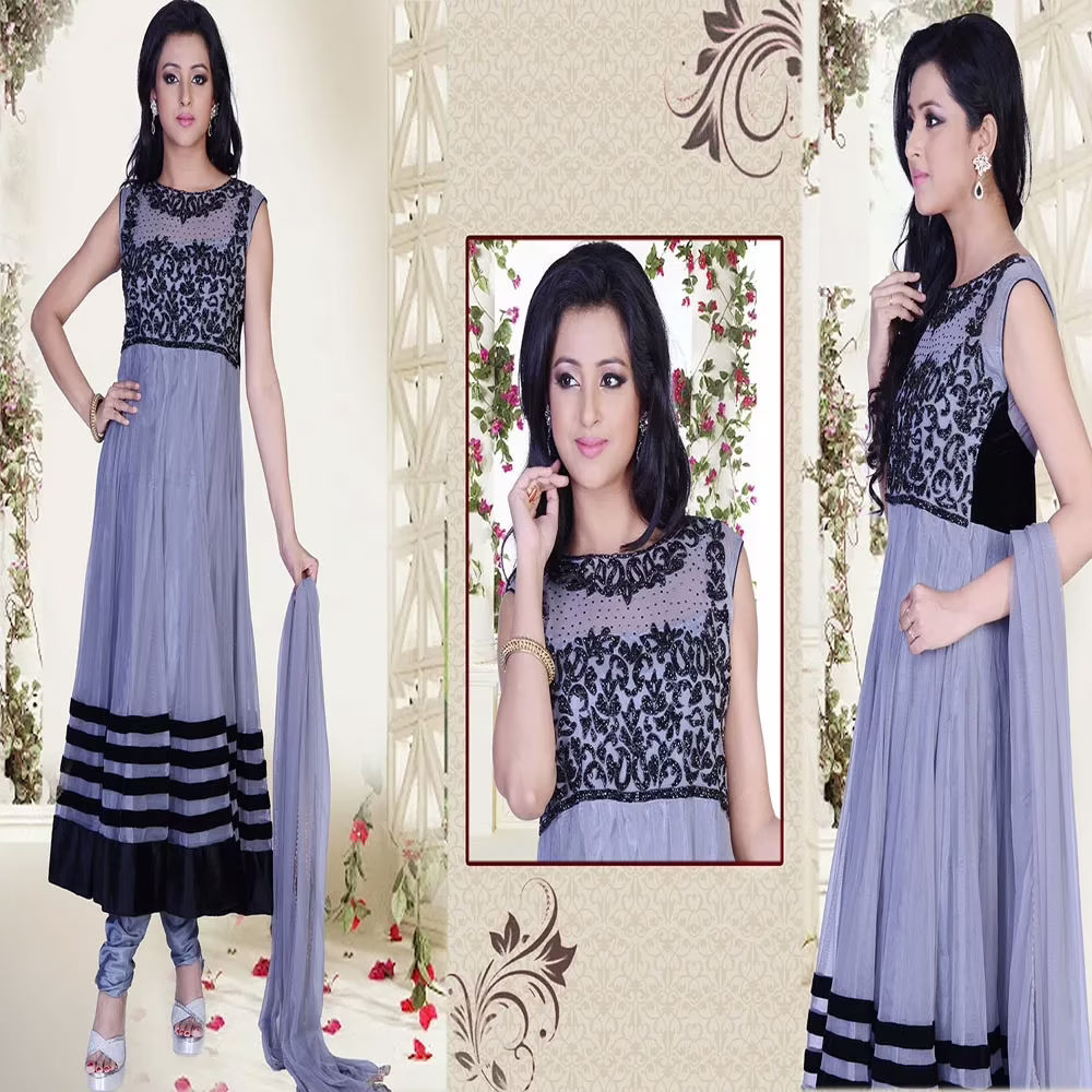 Pazaar Prakriti Anarkali Silver Gray Embroidered Festival Kameez