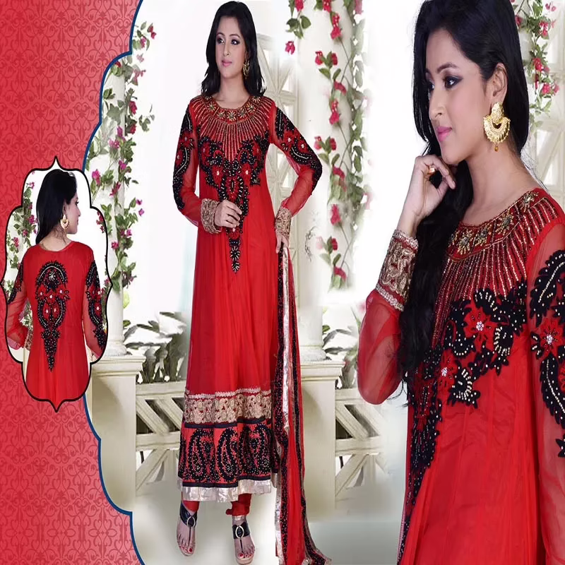 Pazaar Prakriti Anarkali Venetian Red Embroidered Festival Kameez