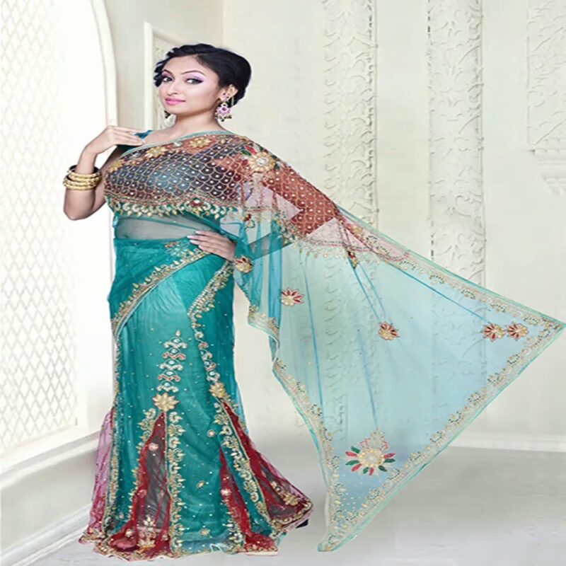 Pazaar Dulari Teal Green and Maroon Embroidered Party Lehenga Style Saree