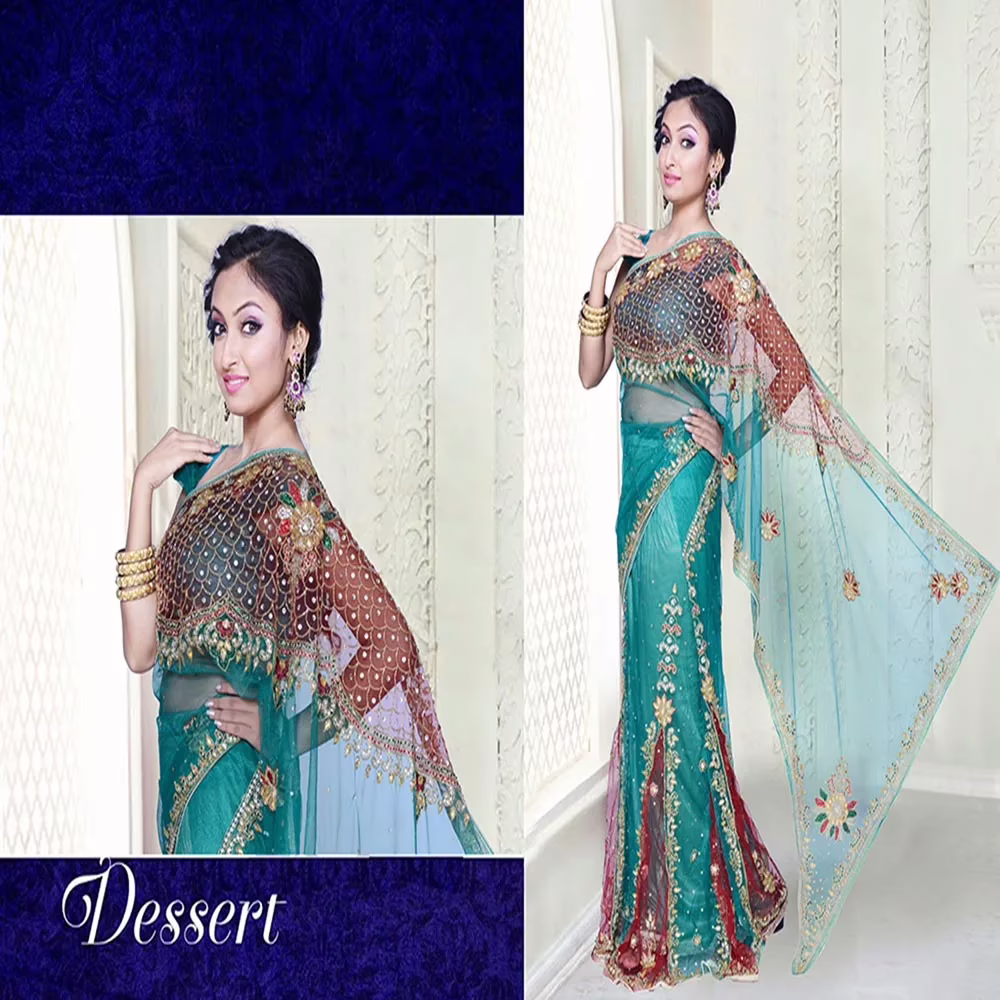 Pazaar Dulari Teal Green and Maroon Embroidered Party Lehenga Style Saree - Image 2