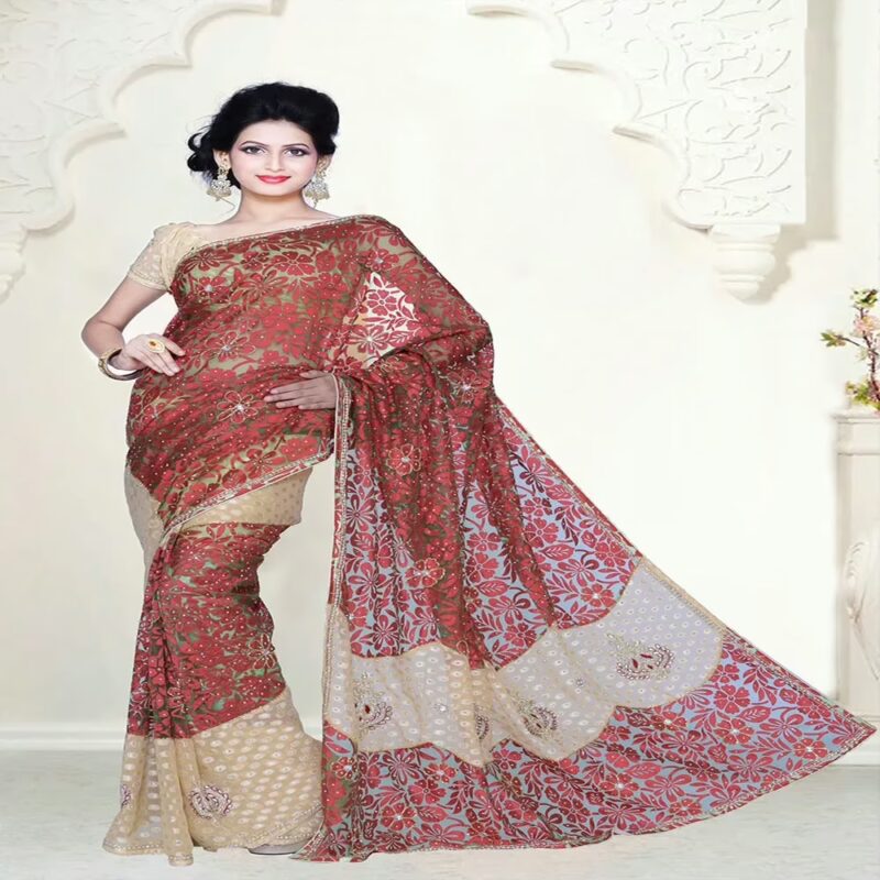 Pazaar Dulari Asparagus Green & Beige Yellow Embroidered Party Saree