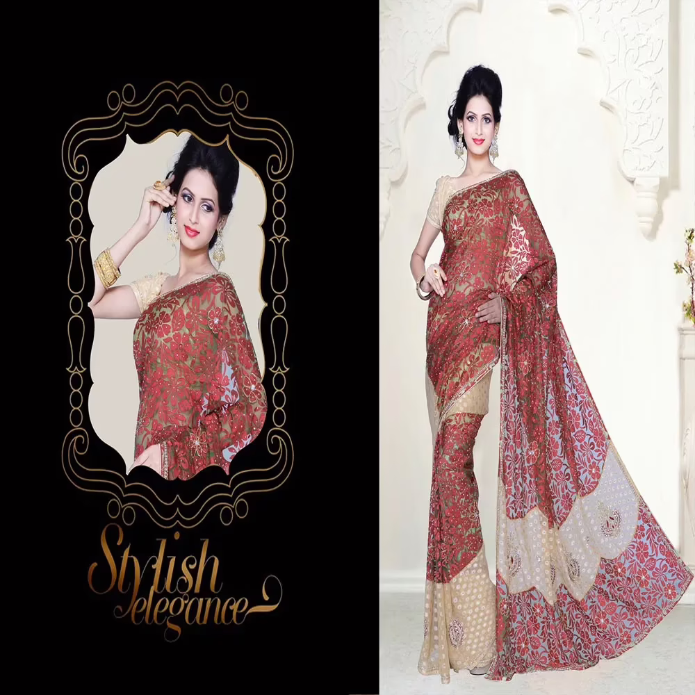 Pazaar Dulari Asparagus Green & Beige Yellow Embroidered Party Saree - Image 2