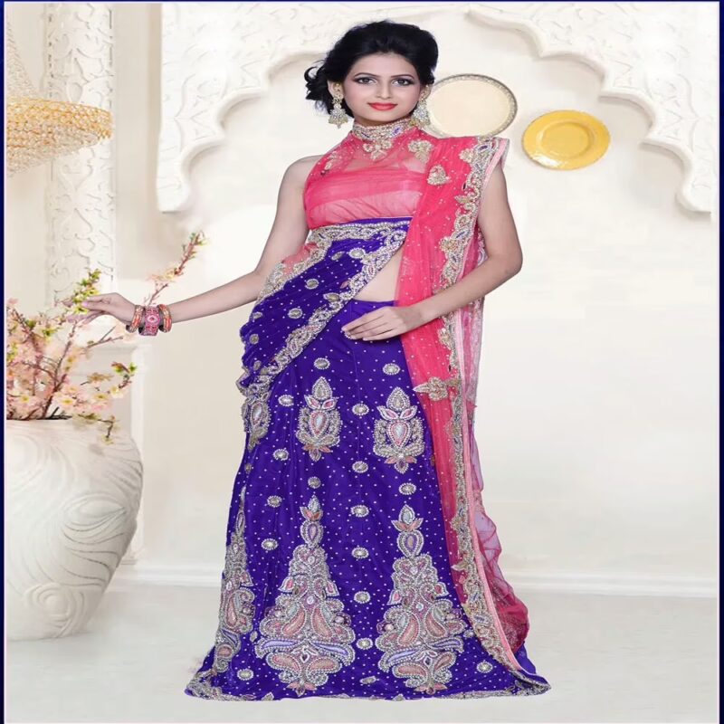 Pazaar Dulari Brink Pink & Persian-Indigo Violet Embroidered Party Lehenga Style Saree
