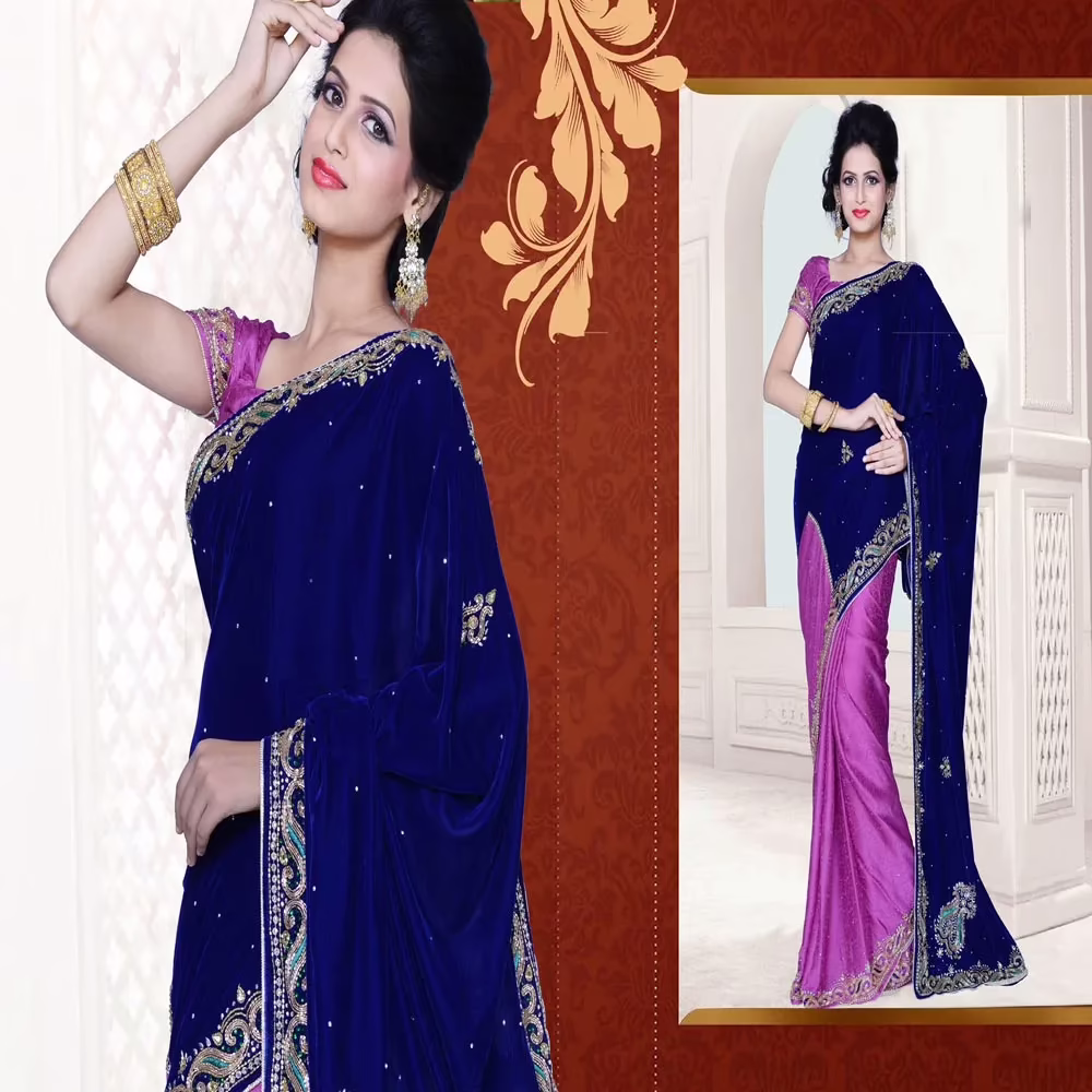 Pazaar Dulari Sapphire Blue & Fuchsia Pink Embroidered Party Saree - Image 2