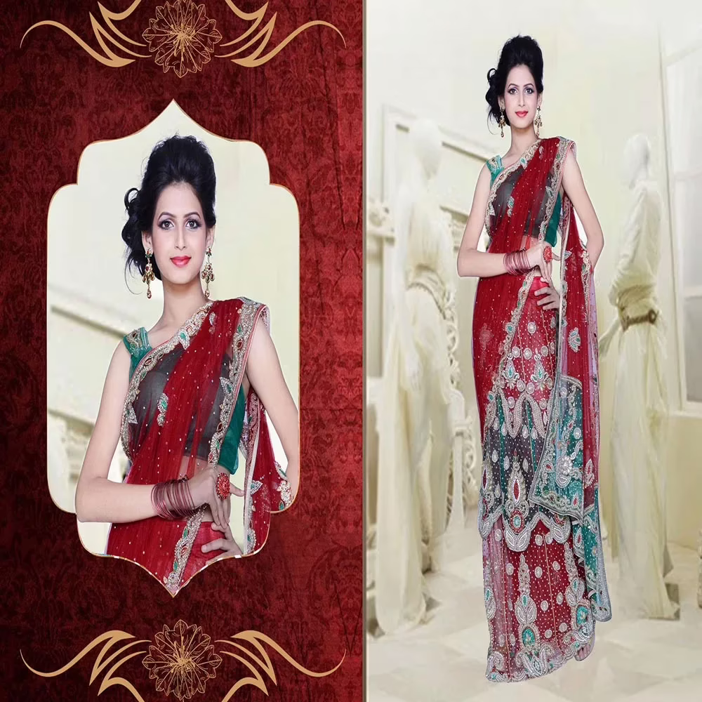 Pazaar Dulari Venetian Red Embroidered Party Lehenga Style Saree - Image 2
