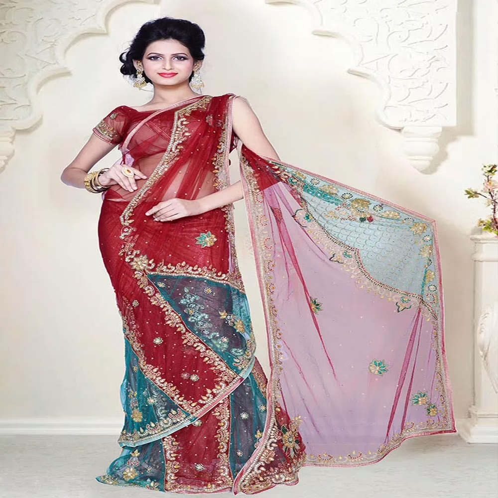 Pazaar Dulari Carnelian Red Embroidered Party Lehenga Style Saree