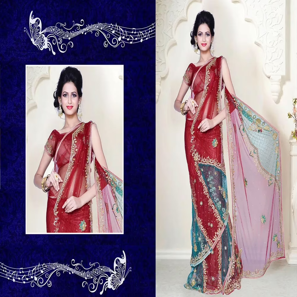 Pazaar Dulari Carnelian Red Embroidered Party Lehenga Style Saree - Image 2