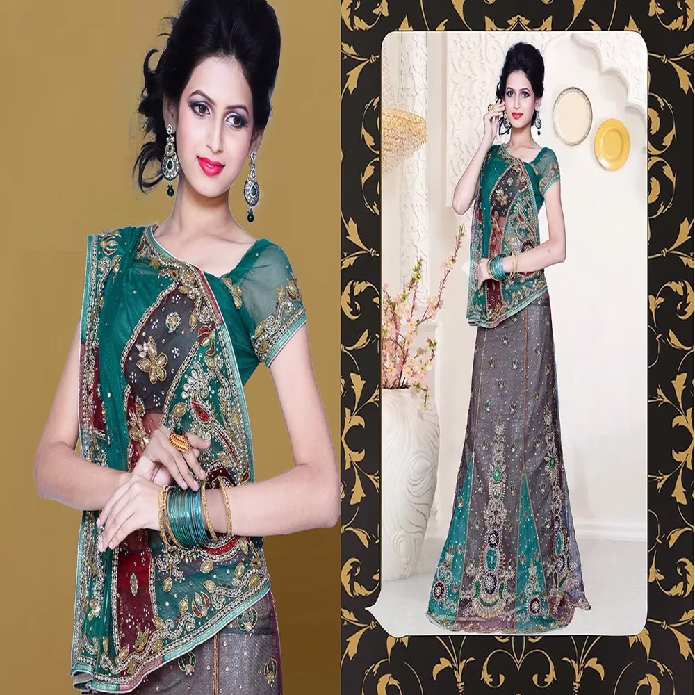 Pazaar Dulari Teal Green and Maroon Embroidered Party Lehenga Style Saree - Image 2