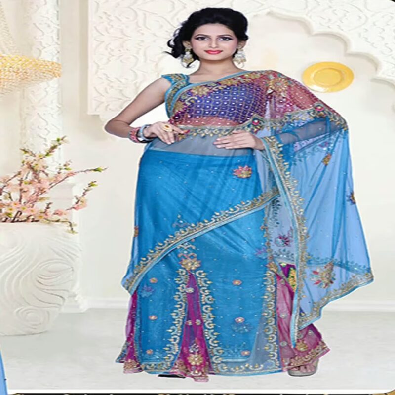 Pazaar Dulari Dodger Blue and Deep Pink Embroidered Party Lehenga Style Saree