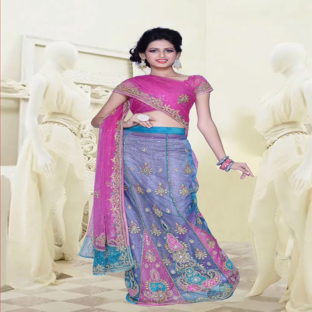 Pazaar Dulari Deep Pink Embroidered Party Lehenga Style Saree