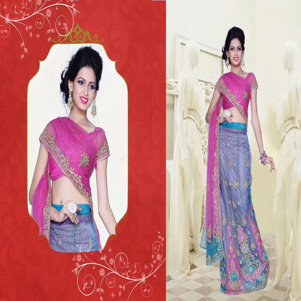 Pazaar Dulari Deep Pink Embroidered Party Lehenga Style Saree - Image 2