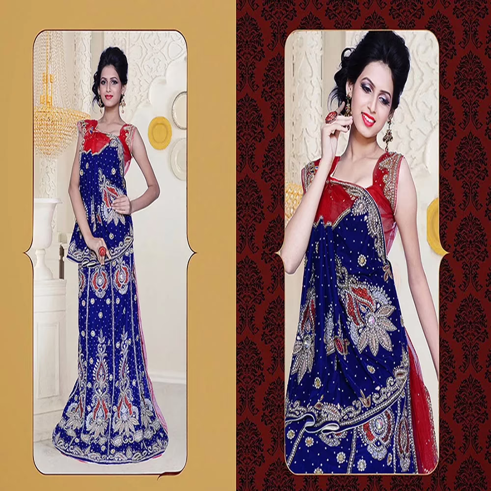 Pazaar Dulari Navy Blue and Rose-madder Red Embroidered Party Lehenga Style Saree - Image 2