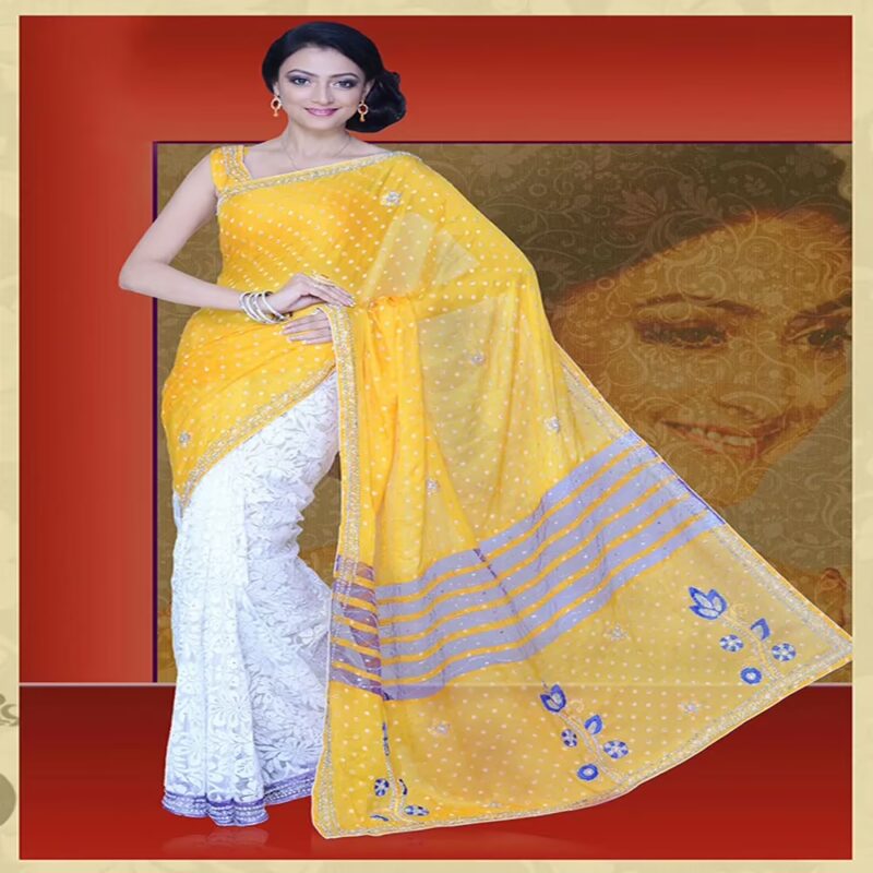 Pazaar Mayuri Amber Yellow & Off-White Embroidered Party Saree