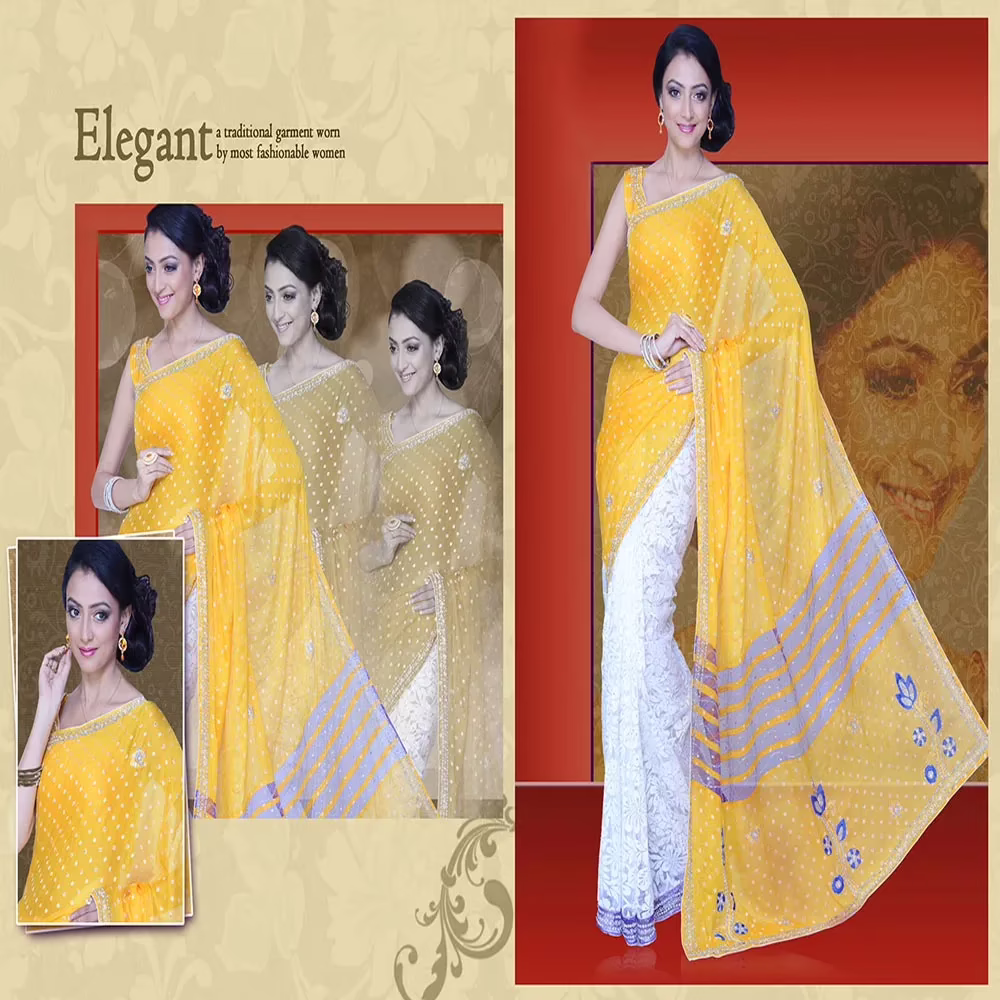 Pazaar Mayuri Amber Yellow & Off-White Embroidered Party Saree - Image 2