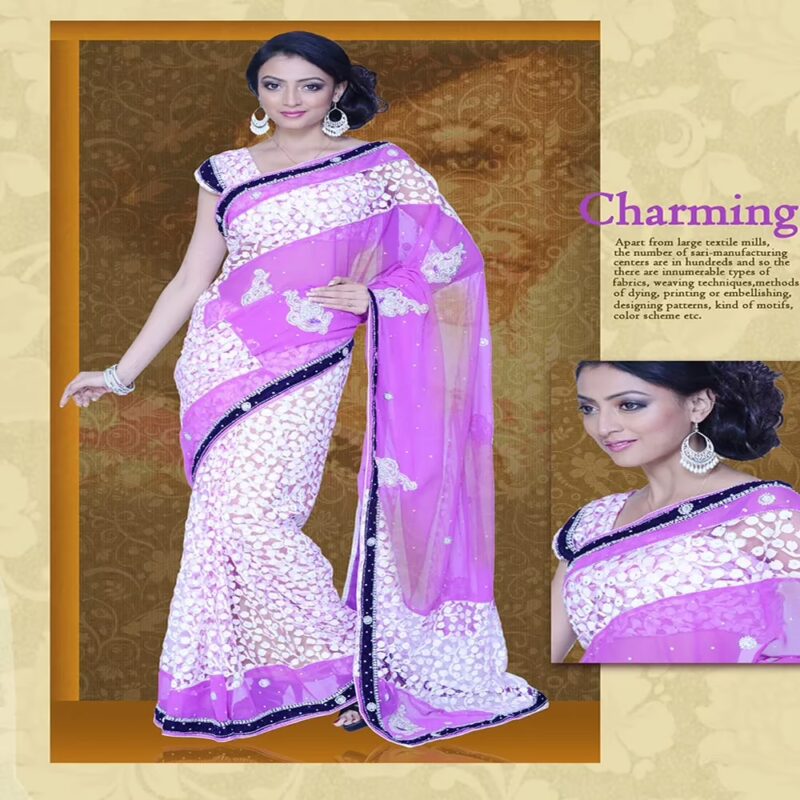 Pazaar Mayuri Fuchsia Pink & Off-white  Embroidered Party Saree