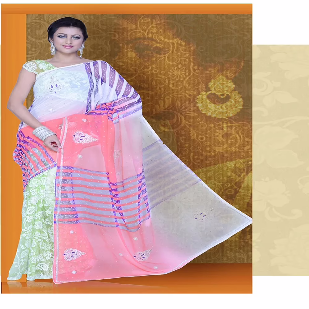 Pazaar Mayuri Brink Pink & Lime Green Embroidered Party Saree