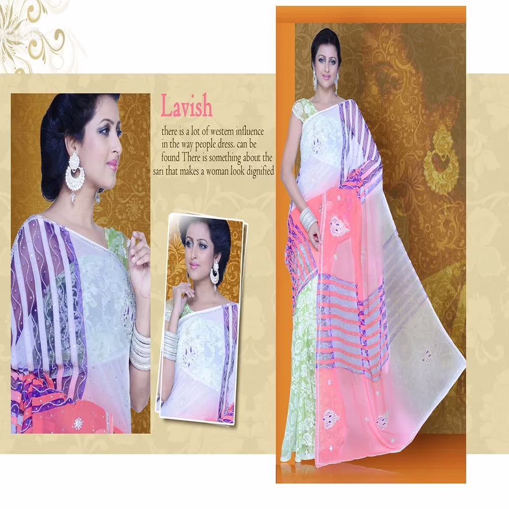 Pazaar Mayuri Brink Pink & Lime Green Embroidered Party Saree - Image 2