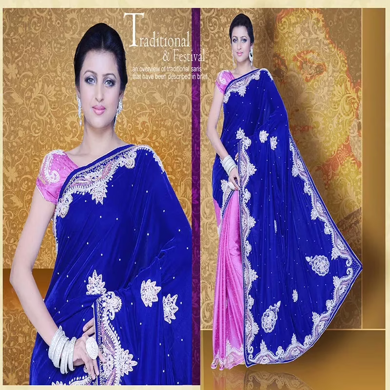 Pazaar Mayuri Sapphire Blue & Rose Pink Embroidered Party Saree