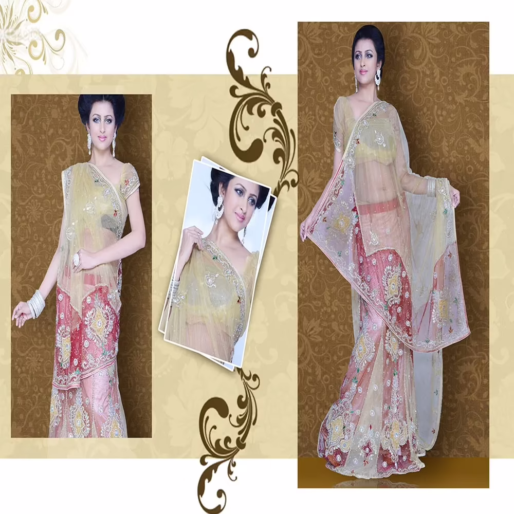 Pazaar Mayuri Cream Yellow & Maroon Embroidered Party Lehenga Saree - Image 2