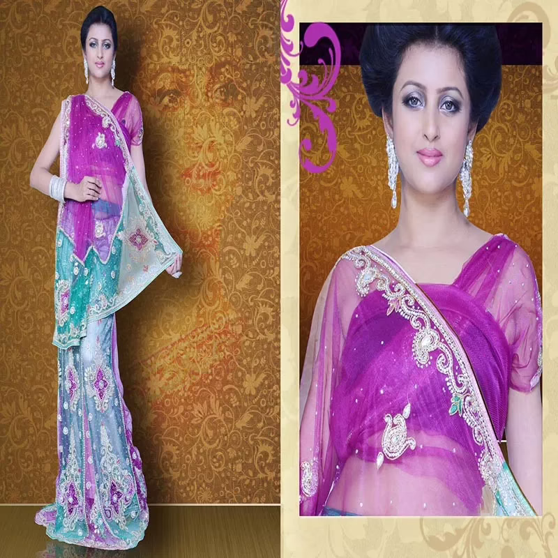 Pazaar Mayuri Byzantium Purple & Jungle Green Embroidered Party Lehenga Saree - Image 2