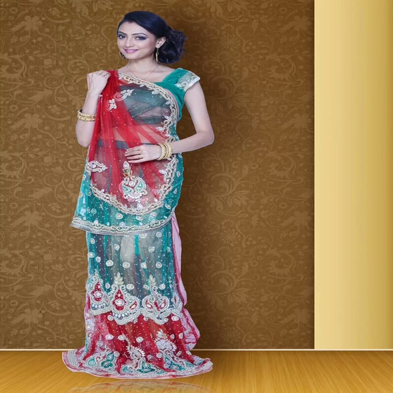 Pazaar Mayuri Rose-Madder Red & Pine Green Embroidered Party Lehenga Saree