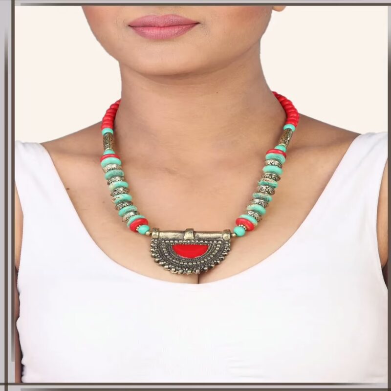 Pazaar Aquamarine Blue and Crimson Red Metal Festival Necklace