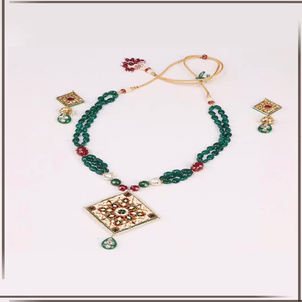 Pazaar Pine Green and Off-white Metal Festival Necklace - Image 2