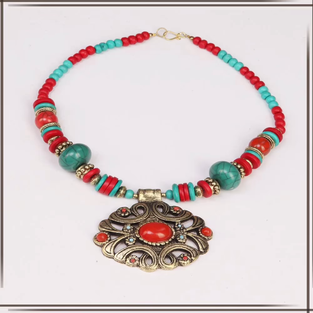 Pazaar Teal Blue & Rose-madder Red Metal Festival Necklace - Image 2