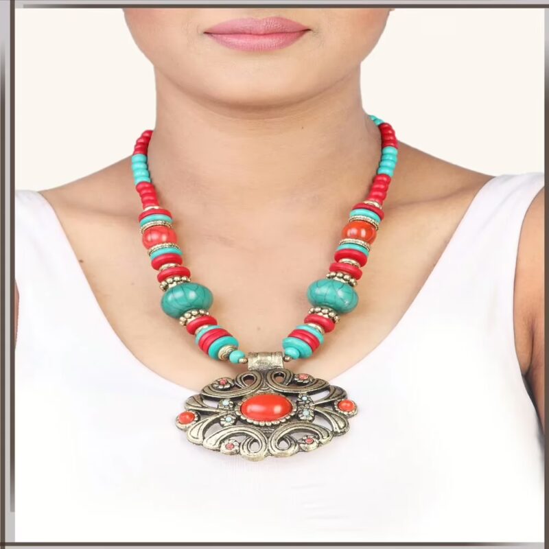 Pazaar Teal Blue & Rose-madder Red Metal Festival Necklace