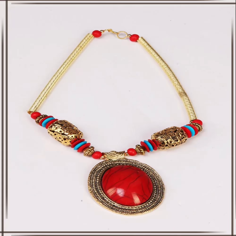 Pazaar Golden & Crimson Red Metal Festival Necklace - Image 2