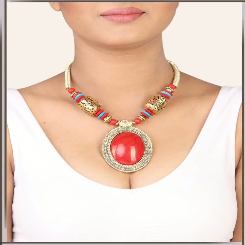Pazaar Golden & Crimson Red Metal Festival Necklace
