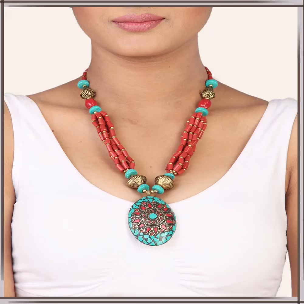 Pazaar Vermilion Red and Robin-egg Blue Metal Festival Necklace