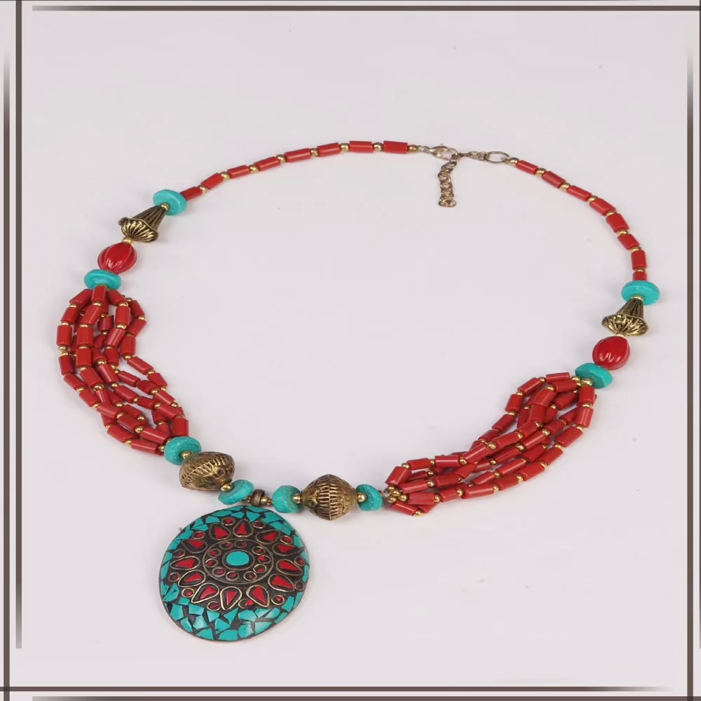 Pazaar Vermilion Red and Robin-egg Blue Metal Festival Necklace - Image 2