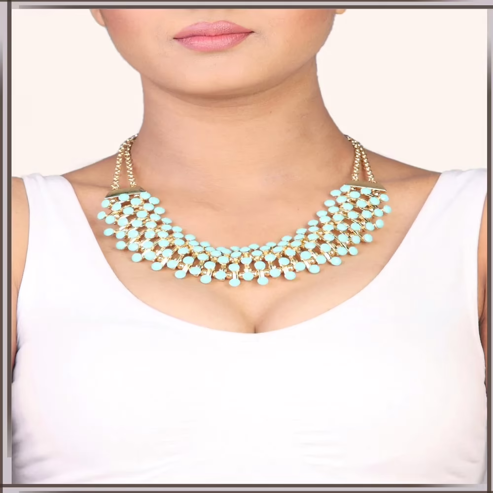 Pazaar Cyan Blue & Golden Metal Festival Necklace