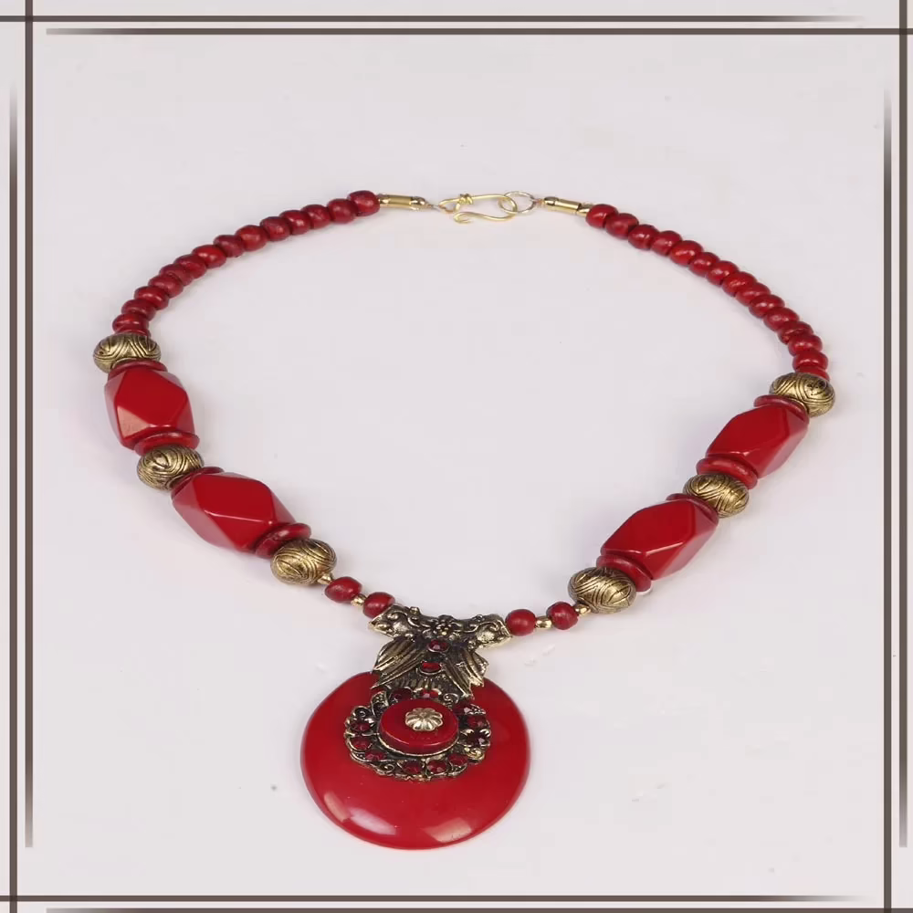 Pazaar Crimson Red & Golden Metal Festival Necklace - Image 2